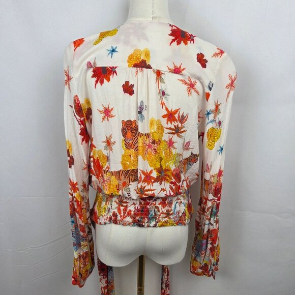 Michelle Morin For Anthropologie Blouse Sz M Floral Tiger Print Wrap Tie Waist - Picture 6 of 14